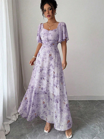 ライラックカラーバタフライプリント レディース シフォン マキシドレス - ギャザー入りバスト フリル袖 デートナイトドレス - 夏のガーデンウェディングゲスト 2026