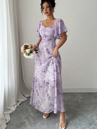 バタフライプリント レディース シフォン マキシドレス - ギャザー入りバスト フリル袖 デートナイトドレス - 夏のガーデンウェディングゲスト 2026