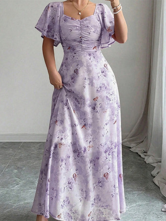 バタフライプリント レディース シフォン マキシドレス - ギャザー入りバスト フリル袖 デートナイトドレス - 夏のガーデンウェディングゲスト 2026