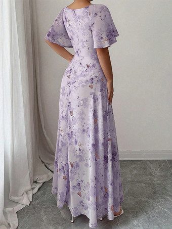 バタフライプリント レディース シフォン マキシドレス - ギャザー入りバスト フリル袖 デートナイトドレス - 夏のガーデンウェディングゲスト 2026