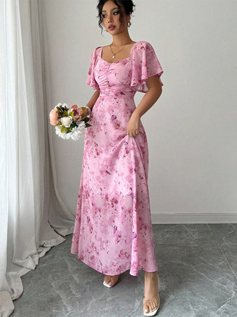 バタフライプリント レディース シフォン マキシドレス - ギャザー入りバスト フリル袖 デートナイトドレス - 夏のガーデンウェディングゲスト 2026