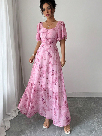 バタフライプリント レディース シフォン マキシドレス - ギャザー入りバスト フリル袖 デートナイトドレス - 夏のガーデンウェディングゲスト 2026