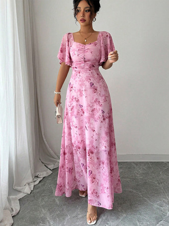 バタフライプリント レディース シフォン マキシドレス - ギャザー入りバスト フリル袖 デートナイトドレス - 夏のガーデンウェディングゲスト 2026