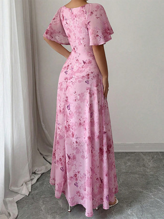 バタフライプリント レディース シフォン マキシドレス - ギャザー入りバスト フリル袖 デートナイトドレス - 夏のガーデンウェディングゲスト 2026