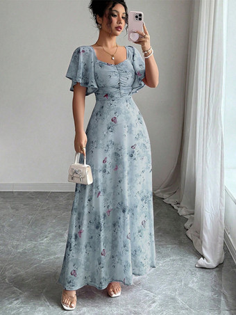 ダークネイビーバタフライプリント レディース シフォン マキシドレス - ギャザー入りバスト フリル袖 デートナイトドレス - 夏のガーデンウェディングゲスト 2026