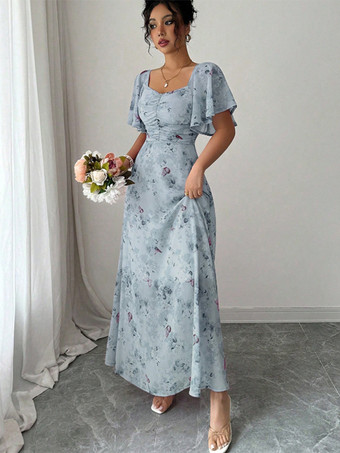 バタフライプリント レディース シフォン マキシドレス - ギャザー入りバスト フリル袖 デートナイトドレス - 夏のガーデンウェディングゲスト 2026