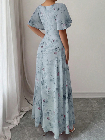 バタフライプリント レディース シフォン マキシドレス - ギャザー入りバスト フリル袖 デートナイトドレス - 夏のガーデンウェディングゲスト 2026