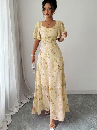 イエローバタフライプリント レディース シフォン マキシドレス - ギャザー入りバスト フリル袖 デートナイトドレス - 夏のガーデンウェディングゲスト 2026