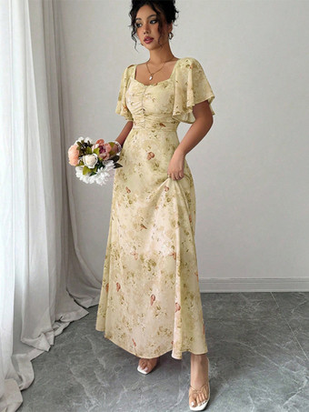 バタフライプリント レディース シフォン マキシドレス - ギャザー入りバスト フリル袖 デートナイトドレス - 夏のガーデンウェディングゲスト 2026