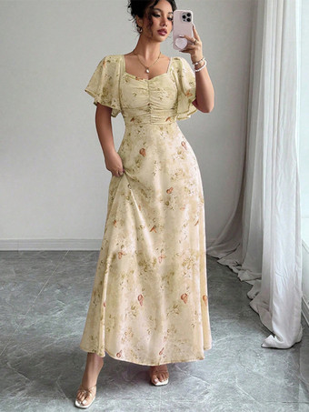 バタフライプリント レディース シフォン マキシドレス - ギャザー入りバスト フリル袖 デートナイトドレス - 夏のガーデンウェディングゲスト 2026