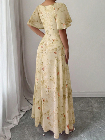 バタフライプリント レディース シフォン マキシドレス - ギャザー入りバスト フリル袖 デートナイトドレス - 夏のガーデンウェディングゲスト 2026
