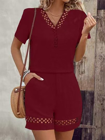 ワインレッド アイレットレース レディース 2点セット - 無地 Vネック トップス＆ショートパンツ セットアップ - 夏 カジュアル ホリデー 2026