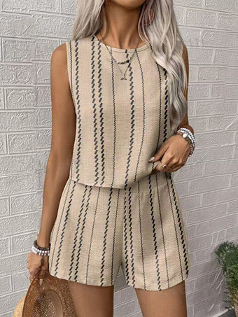 カーキ ボヘミアンストライプ柄レディース2点セット - ノースリーブタンクトップ＆カジュアルショートパンツセットアップ - 夏のビーチバケーション2026