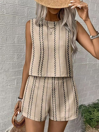 ボヘミアンストライプ柄レディース2点セット - ノースリーブタンクトップ＆カジュアルショートパンツセットアップ - 夏のビーチバケーション2026