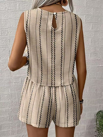 ボヘミアンストライプ柄レディース2点セット - ノースリーブタンクトップ＆カジュアルショートパンツセットアップ - 夏のビーチバケーション2026