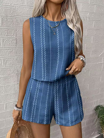 ブルー ボヘミアンストライプ柄レディース2点セット - ノースリーブタンクトップ＆カジュアルショートパンツセットアップ - 夏のビーチバケーション2026