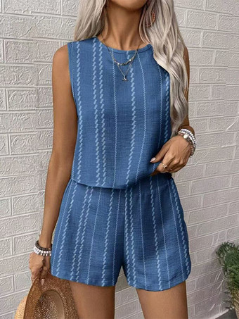 ボヘミアンストライプ柄レディース2点セット - ノースリーブタンクトップ＆カジュアルショートパンツセットアップ - 夏のビーチバケーション2026