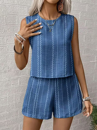 ボヘミアンストライプ柄レディース2点セット - ノースリーブタンクトップ＆カジュアルショートパンツセットアップ - 夏のビーチバケーション2026