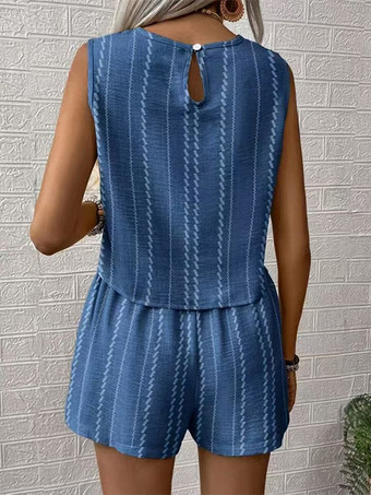 ボヘミアンストライプ柄レディース2点セット - ノースリーブタンクトップ＆カジュアルショートパンツセットアップ - 夏のビーチバケーション2026