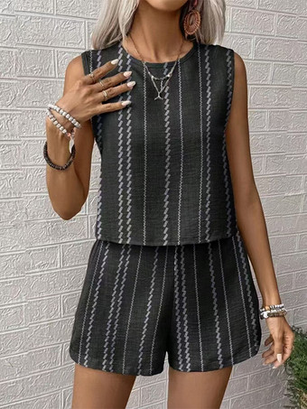 ブラック ボヘミアンストライプ柄レディース2点セット - ノースリーブタンクトップ＆カジュアルショートパンツセットアップ - 夏のビーチバケーション2026