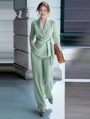 グリーン エレガントなラップブレザー レディース 2点セット - スリムフィット タイウエスト ワイドレッグパンツスーツ - 春のビジネスカジュアル 2026