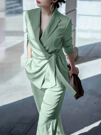 エレガントなラップブレザー レディース 2点セット - スリムフィット タイウエスト ワイドレッグパンツスーツ - 春のビジネスカジュアル 2026