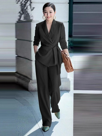 ブラック エレガントなラップブレザー レディース 2点セット - スリムフィット タイウエスト ワイドレッグパンツスーツ - 春のビジネスカジュアル 2026