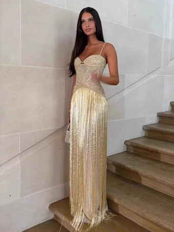 アプリコットビーズ装飾フリンジ付きスリップカクテルドレス（女性用） - アプリコットカラーのギャツビー風フラッパースタイルノースリーブマキシガウン - サマーパーティープロム2026