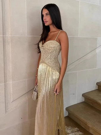 ビーズ装飾フリンジ付きスリップカクテルドレス（女性用） - アプリコットカラーのギャツビー風フラッパースタイルノースリーブマキシガウン - サマーパーティープロム2026