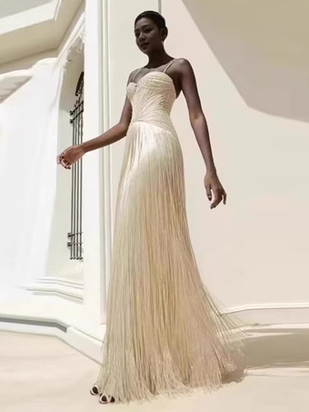 ビーズ装飾フリンジ付きスリップカクテルドレス（女性用） - アプリコットカラーのギャツビー風フラッパースタイルノースリーブマキシガウン - サマーパーティープロム2026