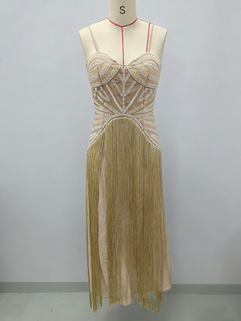 ビーズ装飾フリンジ付きスリップカクテルドレス（女性用） - アプリコットカラーのギャツビー風フラッパースタイルノースリーブマキシガウン - サマーパーティープロム2026