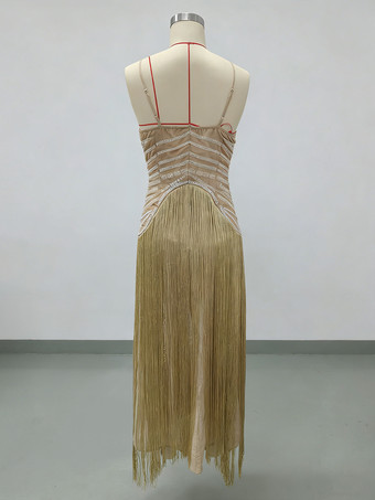 ビーズ装飾フリンジ付きスリップカクテルドレス（女性用） - アプリコットカラーのギャツビー風フラッパースタイルノースリーブマキシガウン - サマーパーティープロム2026