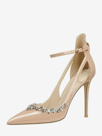 アプリコットレディース ハイヒールパンプス ポインテッドトゥ ラインストーン カットアウト アンクルストラップ プロムシューズ