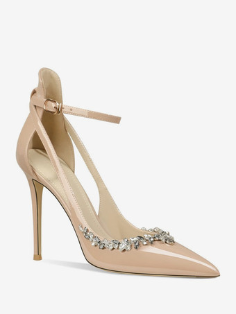 レディース ハイヒールパンプス ポインテッドトゥ ラインストーン カットアウト アンクルストラップ プロムシューズ