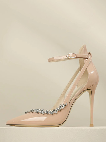 レディース ハイヒールパンプス ポインテッドトゥ ラインストーン カットアウト アンクルストラップ プロムシューズ