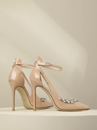 レディース ハイヒールパンプス ポインテッドトゥ ラインストーン カットアウト アンクルストラップ プロムシューズ