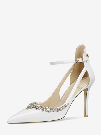ホワイト レディース ハイヒールパンプス ポインテッドトゥ ラインストーン カットアウト アンクルストラップ プロムシューズ