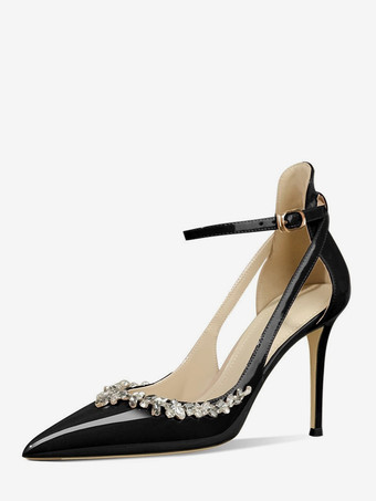 ブラック レディース ハイヒールパンプス ポインテッドトゥ ラインストーン カットアウト アンクルストラップ プロムシューズ
