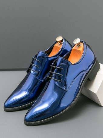 メンズドレスシューズ ブルー ポインテッドトゥ レースアップシューズ