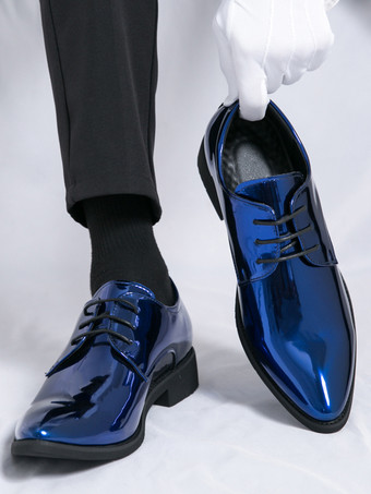 メンズドレスシューズ ブルー ポインテッドトゥ レースアップシューズ
