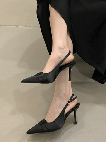 ブラック サテンドレスシューズ レディース ポインテッドトゥ スリングバック パーティー ウェディング ゲストシューズ