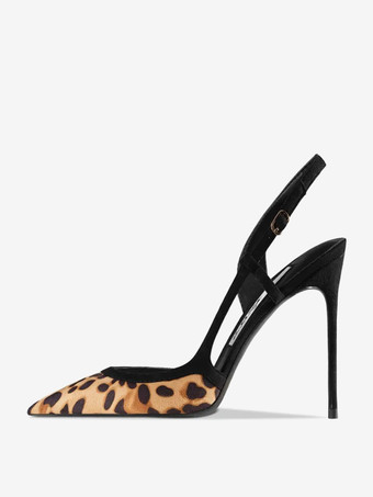 ハイヒールパンプス レディース ポインテッドトゥ レオパード柄 スリングバック ドレスシューズ