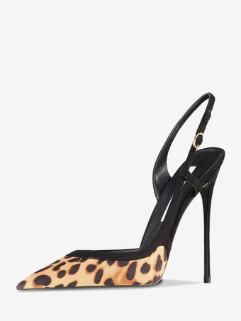 ハイヒールパンプス レディース ポインテッドトゥ レオパード柄 スリングバック ドレスシューズ
