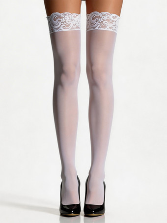女性用ストッキング ホワイト ツートンカラー シアー サイハイストッキング