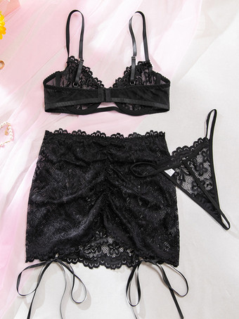 透け感のあるレースアップ花柄プリントのブラックブラ＆ショーツ3点セット