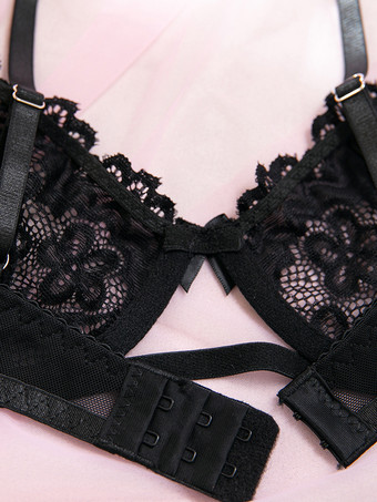 透け感のあるレースアップ花柄プリントのブラックブラ＆ショーツ3点セット