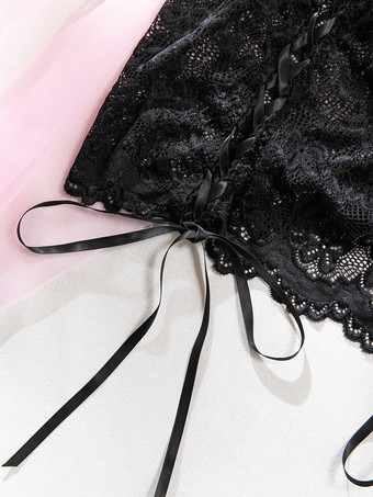 透け感のあるレースアップ花柄プリントのブラックブラ＆ショーツ3点セット