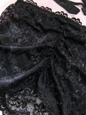 透け感のあるレースアップ花柄プリントのブラックブラ＆ショーツ3点セット