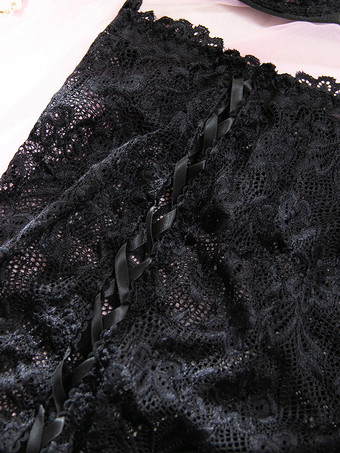 透け感のあるレースアップ花柄プリントのブラックブラ＆ショーツ3点セット