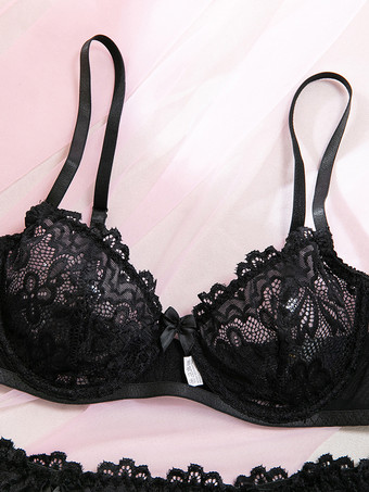 透け感のあるレースアップ花柄プリントのブラックブラ＆ショーツ3点セット